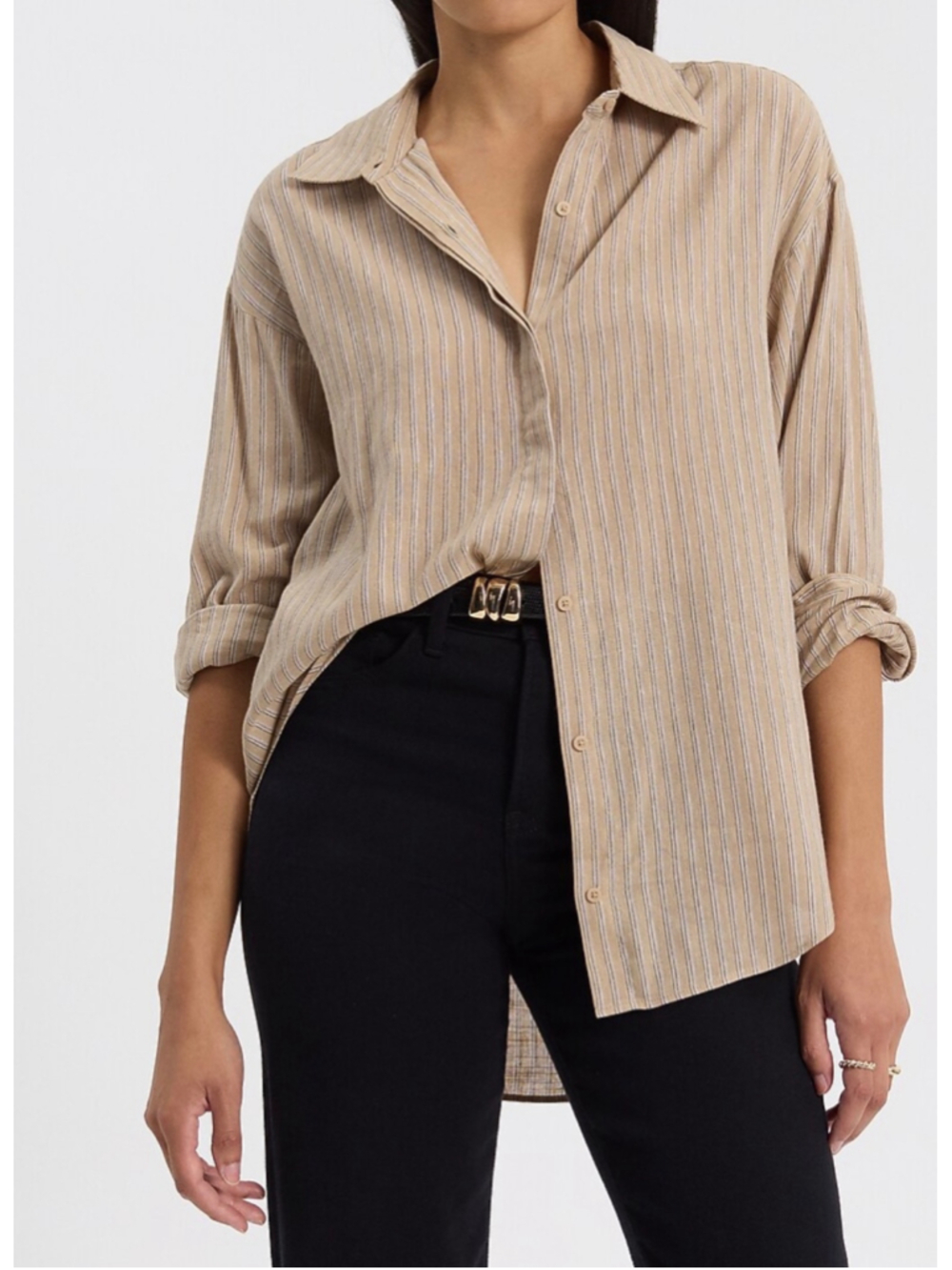 Express Boyfriend Portofino Button Down Shirt, Size L, Beige/Black NWT